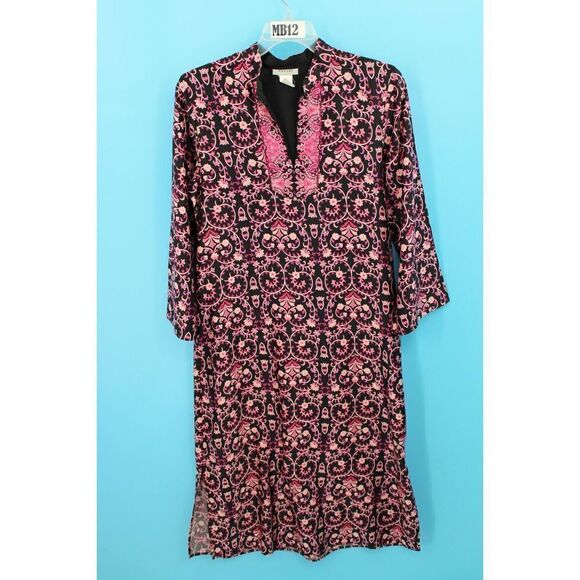 NATORI CAFTAN ROBE LOUNGING DRESS SIZE SMALL BLACK WITH PINK FLORAL PRINT - Picture 1 of 6